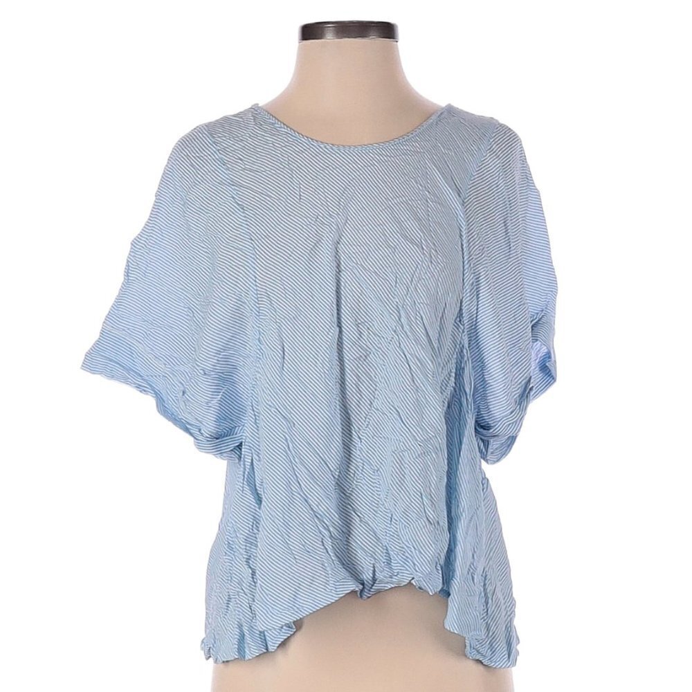 Zara Womens Sz Small Short Puff Sleeve Blouse Light Blue White Stripes Slit Back